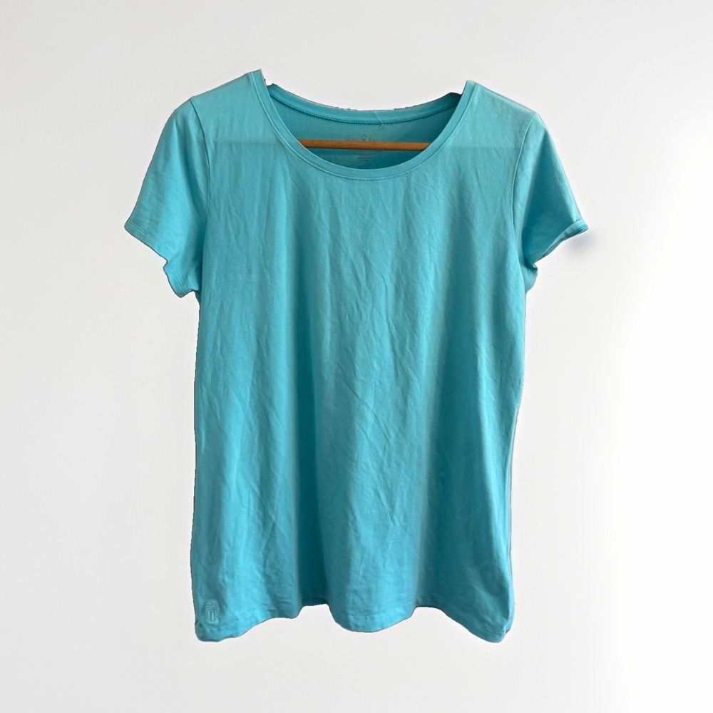 Lilly Pulitzer Women's Blue Solid Scoop Neck Short Sleeve Knit Tee Stretch L